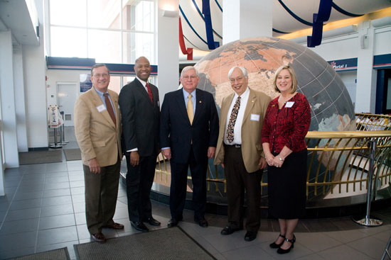 (from left) Dr. Joseph Busta, vice president for development and alumni relations; Mitchell; USA President Gordon Moulton; Meyer; and Dianne Keasler, an instructor in the College of Nursing 