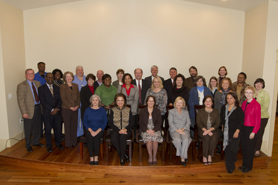 The reception for the departmental representatives was held at the Faculty Club. Front row, from left, Cynthia Porter, Marian Zambrano, Carol Druckenmiller, Dr. Lynn Chilton, Suzanne Goins, Cindy Montee and Kitty Emery. Second Row: Vice President for Development and Alumni Relations Dr. Joseph Busta, Dr. Alvin Williams, Becky Tate, Dr. Susan Ledoux, Marcina Lang, Dr. Andrea Agnew, Patricia Brewer, Ronda Girardeau, Judy Watson, Judy Miller and Anita Miller. Back Row: Norville Norwood, Dr. Veronica Hudson, Hal Hopper, Dr. Jonathan Scammell, Jean Tucker, Senior Vice President for Academic Affairs Dr. David Johnson, United Way Chair Joel Daves, United Way 2012 Campaign Chair Mike Saxon, Dr. Bob Coleman, Aimee Meyers, Ashley Suggs and Sonya Logan.