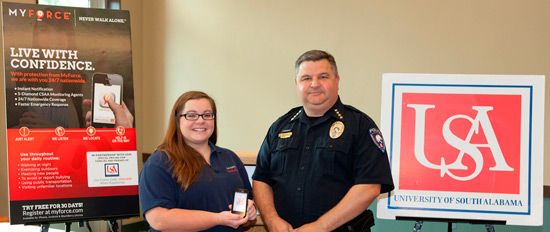 From left are University of South Alabama Police Chief Zeke Aull and SGA President Riley Davis participating in a MyForce demonstration for the news media and the USA community. USA family and friends can use the promo code Jaguars to receive the special pricing.
