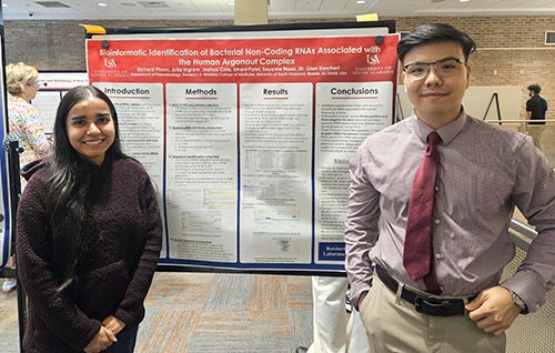Two students present research poster