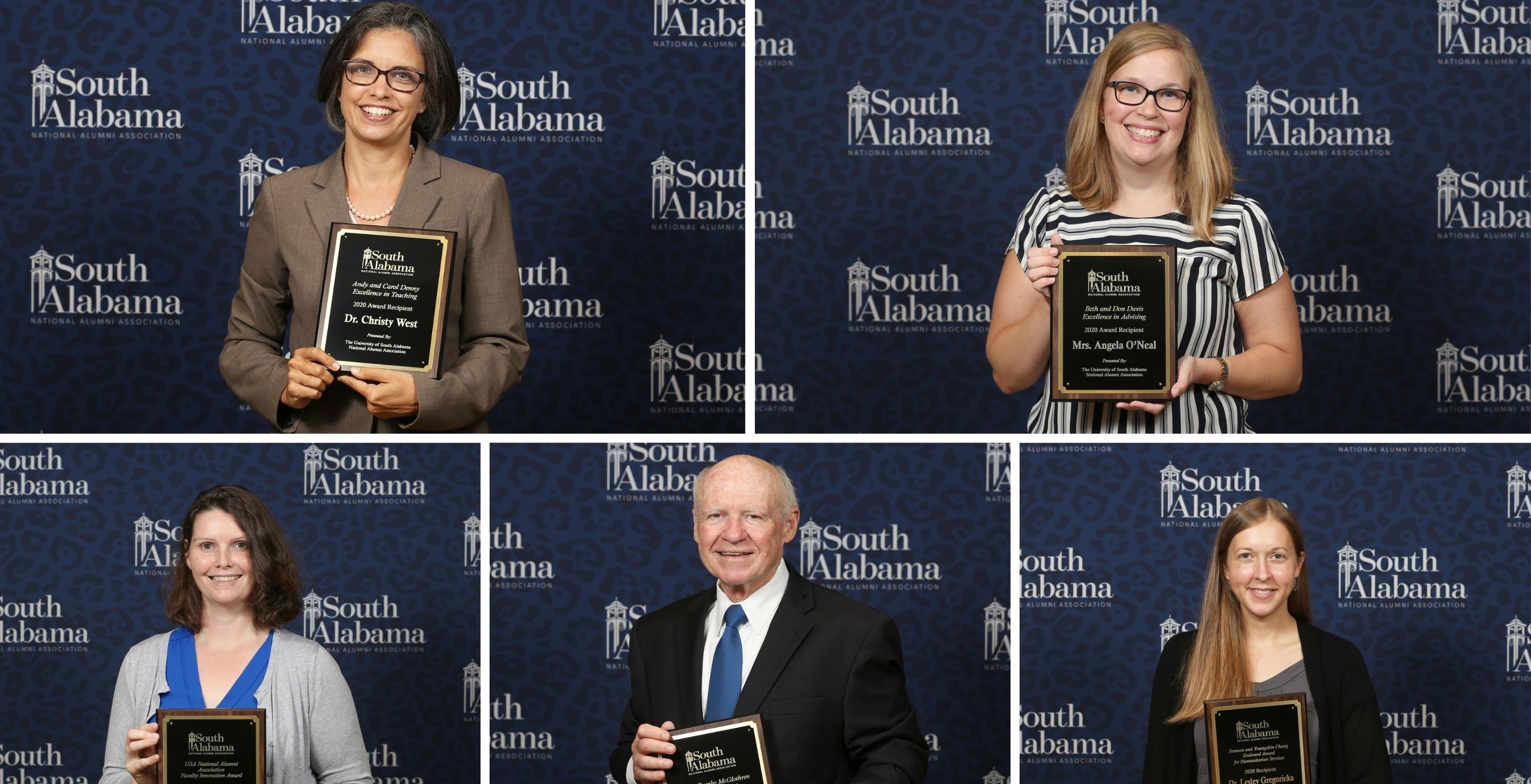 2020 USA Faculty Excellence Award Winners. Top row, L-R: Dr. Christy West, Angela O'Neal. Bottom row, L-R: Dr. Natalie Gassman, Dr. Joseph Hair, Dr. Lesley Gregoricka.