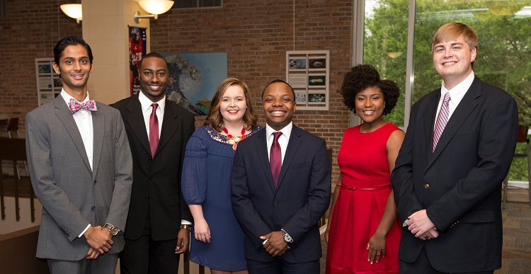 The University of South Alabama student body has elected Student Government Association officers for the 2016-2017 academic year. From left are Darshan Patel, vice president; Marcus Williams, treasurer; Kinsley Knapp, student at large; JuWan Robinson, attorney general; Taylor Davis, chief justice; and Joshua Crownover, president.