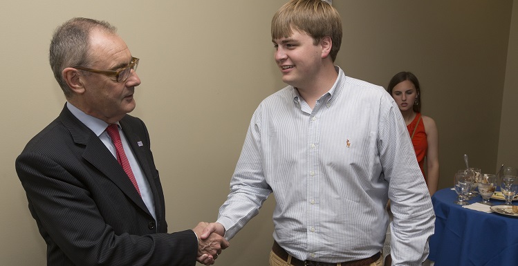 David O'Sullivan, left, the European Union’s ambassador to the United States, chats with newly elected Student Government Association President Joshua Crownover on Monday. O'Sullivan spoke to USA faculty, students and staff during a visit to Mobile. 