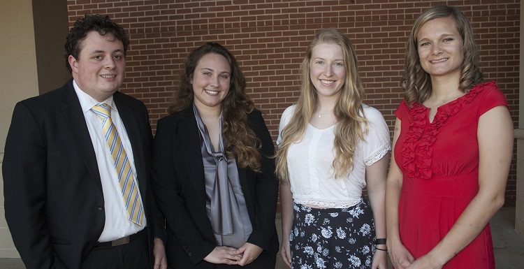 Goldwater Scholar Robert Mines, 2015-2017, is recognized with Goldwater Honorable Mention recipients, from left, Angela McGaugh for 2016, Madison Tuttle for 2016 and Mikayla Walters for 2015. Not pictured is Goldwater Scholar Catherine Zivanov, 2014-2016.