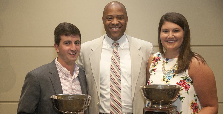 Vice President for Student Affairs and Dean of Students Dr. Michael Mitchell, center, congratulates Dean’s Cup winners Sigma Chi Fraternity and Chi Omega Fraternity for women. Joining Mitchell are Drew Tranchina of Sigma Chi and Caitlin Jackson of Chi Omega.