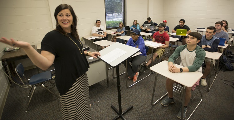 Megan Sparks, communication instructor, teaches a public speaking class during the Maymester session. One of her students said the flexibility is allowing him to complete his coursework sooner than expected. Nearly 500 students are enrolled in 88 Maymester courses.