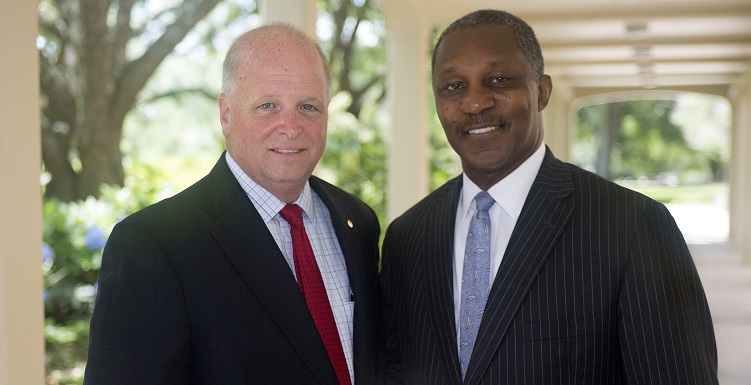 Kenneth O. Simon, right, a Birmingham attorney, was elected chair pro tempore of the University of South Alabama Board of Trustees, while businessman James H. “Jimmy” Shumock of Mobile was elected vice chair. Arlene Mitchell, a Mobile philanthropist and civic volunteer, not pictured, was elected secretary.  