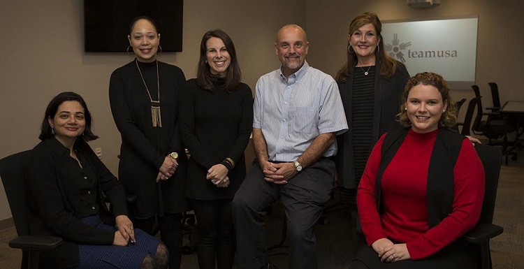 Recipients of internal funding grants for TeamUSA projects are, from left, Dr. Zoya Khan, associate professor of Spanish; Kimberly Jordan, MSN, RN, instructor of adult health nursing; Colleen Lynch, MSN, RN, CNL, instructor of adult health nursing; Dr. Phil Carr, Chief Calvin McGhee Endowed Professor of Native American Studies and professor of anthropology; Dr. Debra Swanzy, RN, assistant professor of adult health nursing; and Dr. Elizabeth Allison, assistant professor of leadership and teacher education. Not pictured: Dr. Theresa Wright, RN, vice chair and associate professor of adult health nursing.