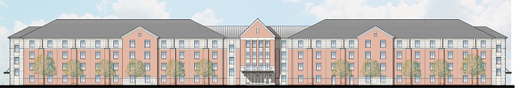 An artist rendering of the 100,000-square-foot residence hall, featuring in-room private baths, set to open in fall 2018.  data-lightbox='featured'