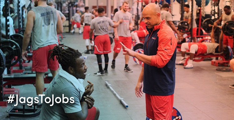 Coach Joey Choron, a 2002 business administration and management graduate of the University of South Alabama, is one of South's strength and conditioning coaches. People who want to pursue his field should have passion and patience, he said. 