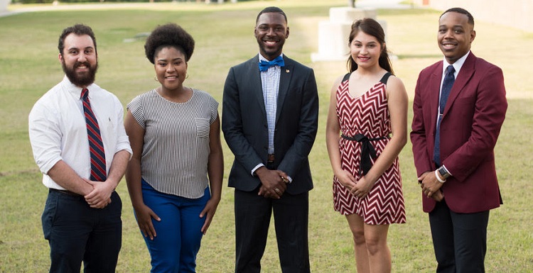 Introducing the newly elected 2017-2018 University of South Alabama SGA officers: From left, Kevin Aria, treasurer; Taylor Davis, chief justice; Carl A.Thomas, president; Elizabeth Hernandez, vice president; and Joshua Robertson, attorney general. 