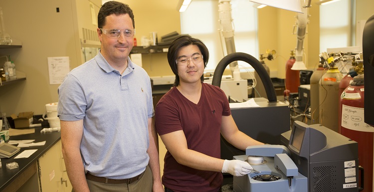 Ben is a very impressive researcher who does an excellent job of managing his time between classes, research, student leadership and tutoring," says Dr. Kevin West, associate professor of chemical engineering, here with chemical engineering junior and Goldwater Scholar Benjamin Siu. data-lightbox='featured'