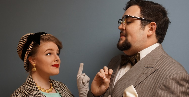 Rachel Chandebise, portrayed by Sadie Bell Freeman, greets husband Victor, portrayed by Kip Hayes, during rehearsals for 'A Flea in Her Ear.' 