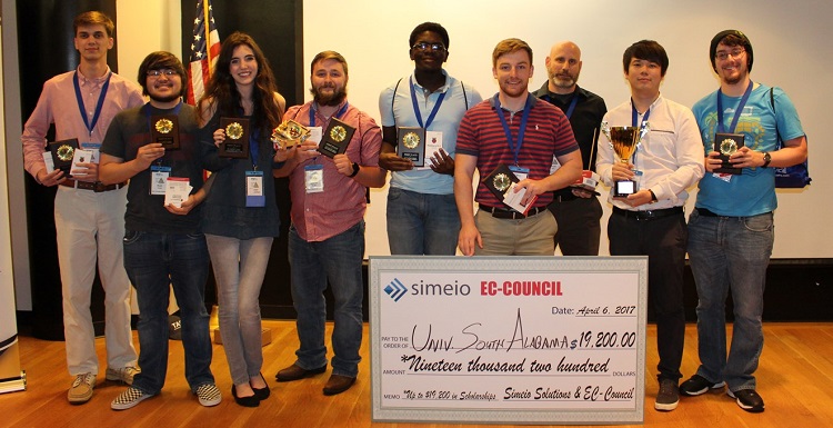 DayZero team members headed to the National Collegiate Cyber Defense Competition finals include, from left, Nathan Herron; Ryan Creel; Tristen Higginbotham; Garrett Smith; DeMarcus Williams; Chris Patrick; Dr. Todd Andel, professor of computer science; Thanh Nguyen and William Holder. 