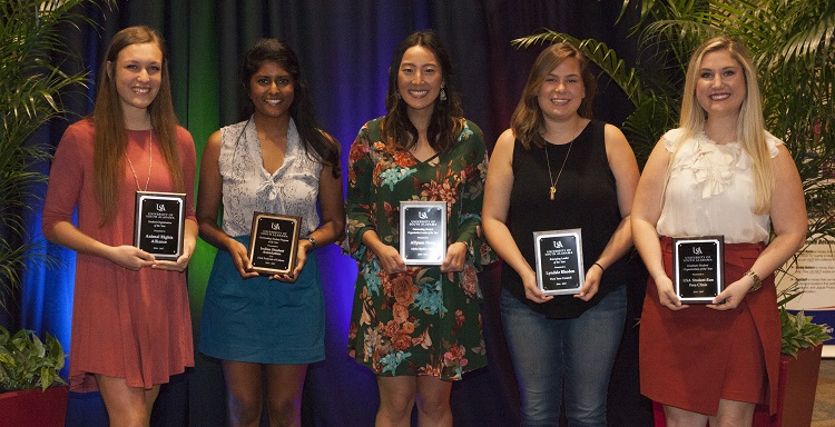 USA’s Office of Student Activities recognizes students for outstanding community service during the annual Student Organization Awards Banquet. From left are Shelby Guidry, Animal Rights Alliance, Student Organization of the Year; Veena Danthuluri, Indian Student Association, Program of the Year; Allyson Heng, Student Organization Leader of the Year; Lyndsie Rhoden, Emerging Leader of the Year; and Kellie Caddell, Student-Run Free Clinic, Graduate Student Organization of the Year.