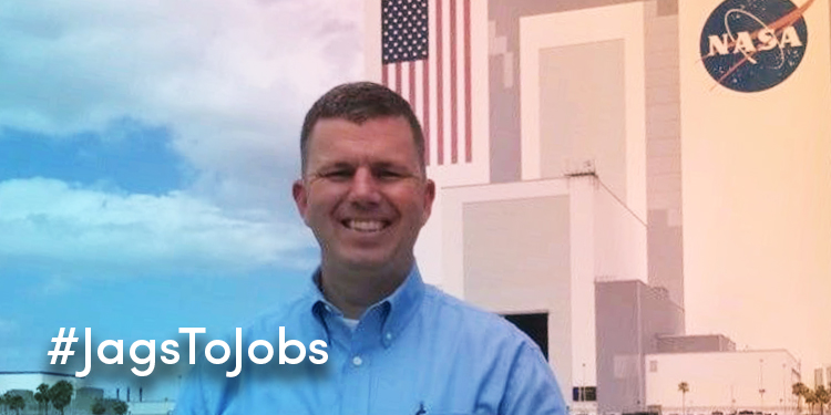 Jags to Jobs image with Capt. Sean Scarcliff standing with NASA building in the background