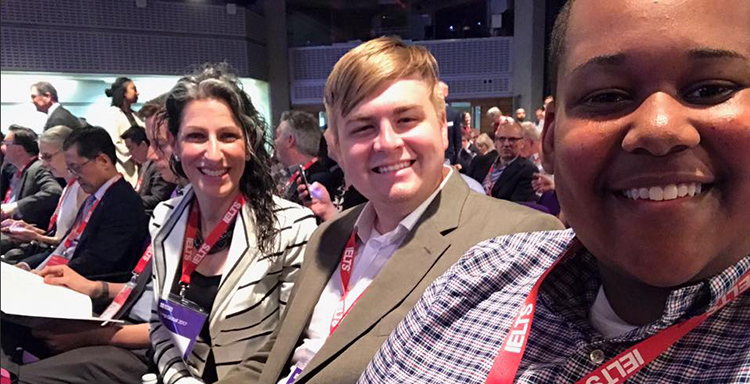 A delegation of USA Student Government Officers, gather in a session of the international Going Global conference in London. From left accompanying the students is Associate Dean and title IX Coordinator Dr. Krista Harrell. Seated next are Josh Crownover, the SGA’s immediate past president, and Shaun Holloway, SGA’s chief of staff.