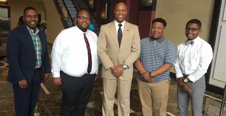 University of South Alabama Collegiate 100 members attend the 31st Annual 100 Black Men National Conference held recently in New Orleans. From left are Cornelius Madison, senior mechanical engineering major from Montgomery; Broderick Morrissette, junior information technology major from Prichard; Dr. Michael Mitchell, vice president for student affairs and adviser of Collegiate 100; Myles Payton, sophomore communication major from Montgomery; and Adreun Malone, senior professional health sciences major from Memphis, Tenn.