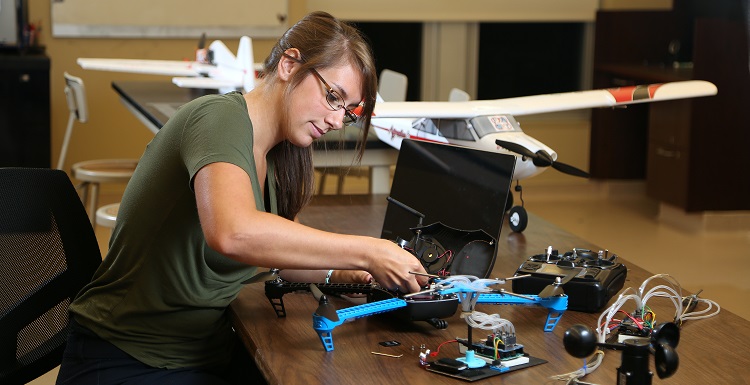 Lisa Schibelius, a master's student in mechanical engineering, is the lead person on the FAST lab's quadrotor project, which gathers atmospheric data along the Gulf Coast.