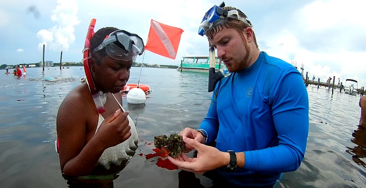 Autumn Baxter, Davidson High School, listens as Chris Flight of the Dauphin Island Sea Lab talks about what she found while snorkeling in the grass beds at St. Andrews Park in Florida.