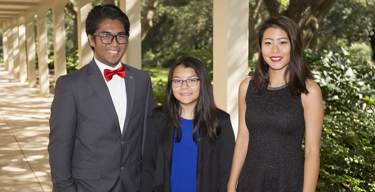 This year's University of South Alabama Board of Trustees Scholar, Ada Chaeli van der Zijp-Tan of Madison, Ala., is flanked by 2016 recipient Christian Manganti of Gulfport, Miss., and 2015 awardee Shirley Zhang of Vestavia Hills, Ala.  The USA Board of Trustees Scholarship program recognizes the most academically talented student in each incoming freshman class.