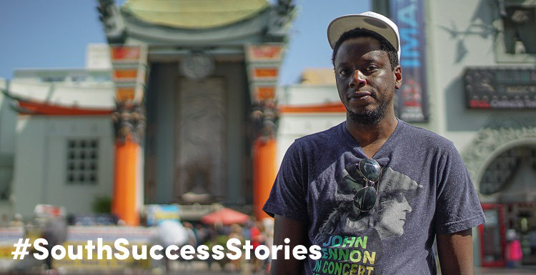 Tinashe Nyatanga, '12, bought a one-way ticket to Los Angeles after graduation to break into the film industry. Nyatanga, here in front of Grauman's Chinese Theatre just a few blocks from his home, is honing his craft with the hopes of directing full-length movies. 