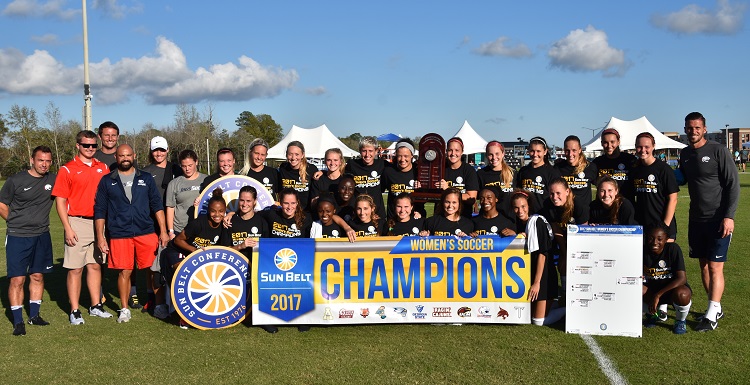 The University of South Alabama soccer team won its fifth consecutive Sun Belt Conference Tournament championship Sunday with a 5-0 victory over Coastal Carolina. Photo courtesy of Michelle Stancil/Sun Belt Conference.