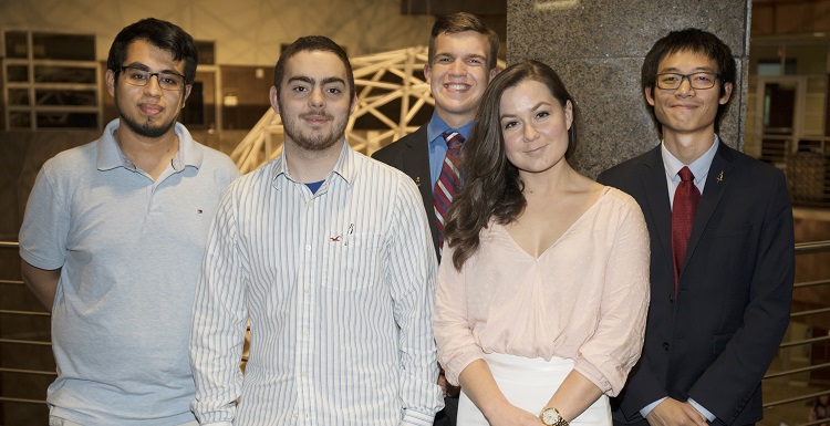 USA Tau Beta Pi officers, from left, Luis Rodriguez Reveles, recording secretary; Tyler Tow, corresponding secretary; Caleb Barlow, vice president; Kelsey Ferrill, cataloger; and Phiwat Klomkaew, president.