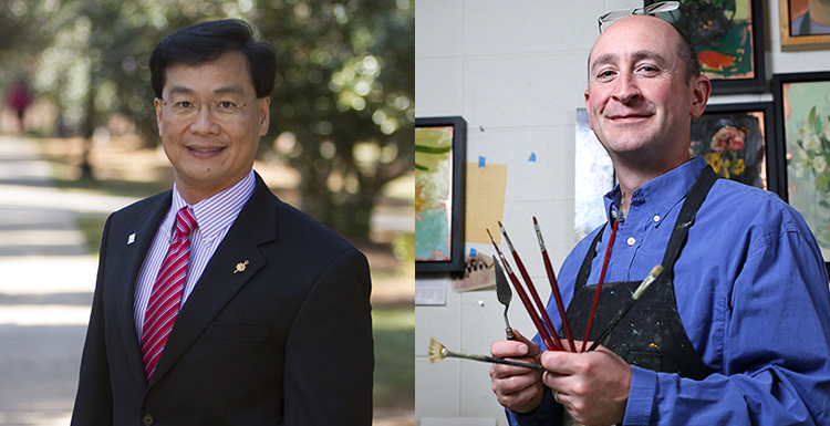 Dr. Romulus Godang, left, professor of physics, and Benjamin Shamback, professor of visual arts, were selected respectively as Phi Kappa Phi's scholar and artist of the year.