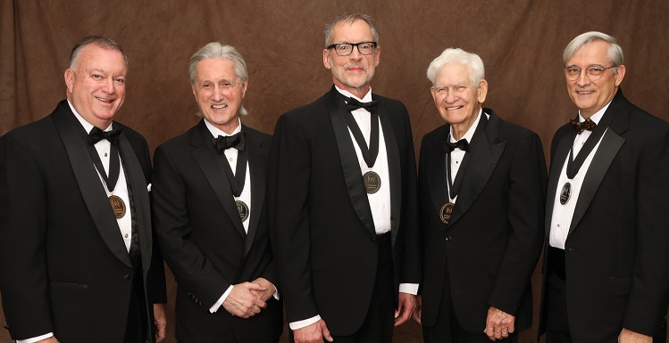 Recognized at the 14th annual Distinguished Alumni and Service Awards gala were, from left, Stephen Erwin Clements, ’78; Dr. Joseph I. Molyneux, ’70; Dr. Thomas M. Miller, ’77, MD ’81; Thomas Joe Purvis, ’74; and Christopher C. Melton, ’81.