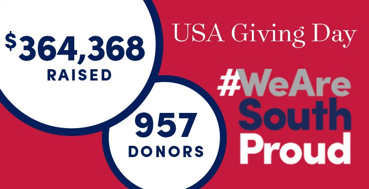 The University of South Alabama community banded together to show that they are #SouthProud during the inaugural USA Giving Day on Thursday, March 22. During the 24-hour fundraising initiative, a total of $364,368 was raised from 957 donors to support Student Success, Excellence in Health Care, USA Athletics and the MacQueen Alumni Center. 