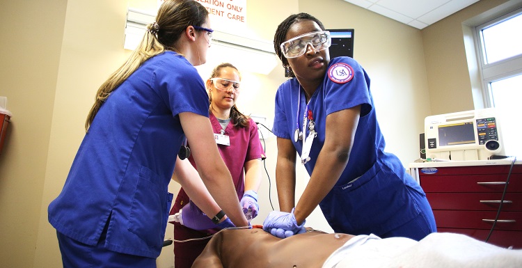 Nursing student Carole Aomo, performs CPR on a simulated human patient with the assistance of nursing and physician assistant students during a real-time mass casualty drill at the University of South Alabama.