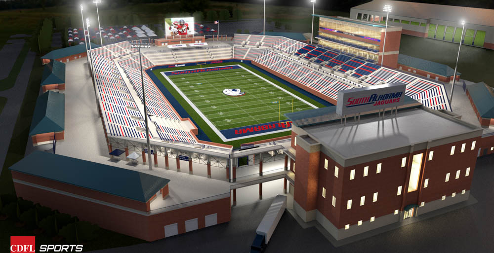 Plans for a football stadium on South's campus includes seating for 25,000 and an end zone terrace with high-top tables. South's Board of Trustees authorized site work on Friday. 