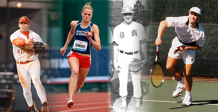 Former Jaguar athletes, from left,  David Freese, Lindsay Schwartz, Ernie Rosseau and Nic Chisolm will be inducted this fall to the USA Athletic Hall of Fame.