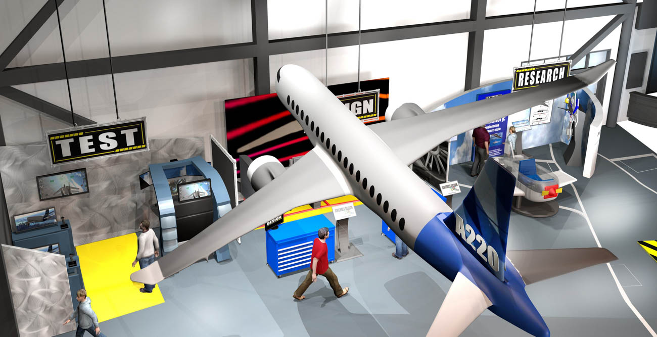 Above is a rendering of the Flight Works Alabama aviation experience center to be built next year. The University of South Alabama is partnering with Airbus to provide support in several areas.