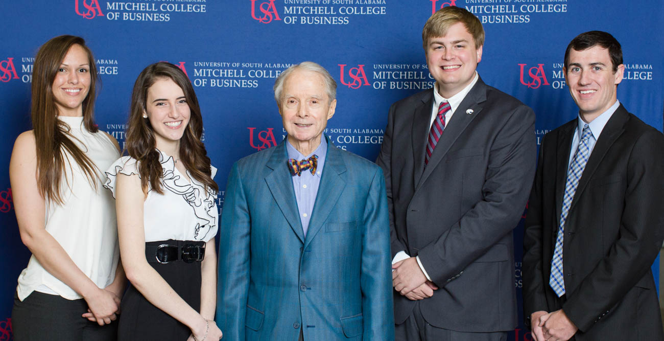 The Mitchell Scholars Class of Spring 2018 endowed a scholarship in tribute to supporter Abraham "Abe" Mitchell, center, for his philanthropic efforts.