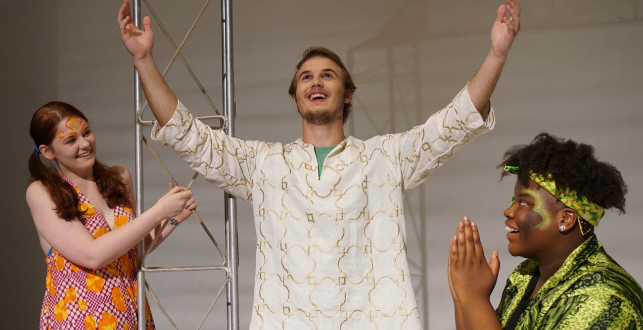 Amanda Watson, left, joins fellow University of South Alabama students Parker McGee and Asia Smith to rehearse the musical “Godspell,” which opens Saturday, Sept. 29.