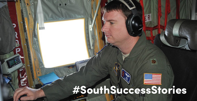 Maj. Christopher Dyke, USA alumnus and an aerial weather reconnaissance officer for the 53rd Weather Reconnaissance Squadron "Hurricane Hunters,” reviews weather data collected during a storm flight. The Hurricane Hunters fall under command of the 403rd Wing at Keesler Air Force Base, Mississippi. (U.S. Air Force photo/Maj. Marnee A.C. Losurdo)