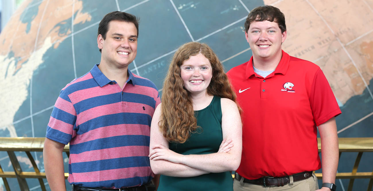 Sam Sangster, Peyton Barlow and Dillon Blount, senior meteorology majors at USA, were awarded American Meteorological Society scholarships.