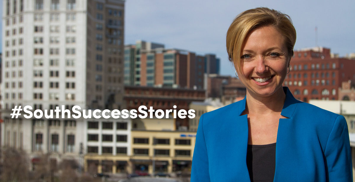 Grand Rapids, Mich., Mayor Rosalynn Bliss, standing in front of the skyline of Michigan's second-largest city, graduated summa cum laude in 1997 with a degree in psychology and criminal justice. “When I was going through my undergraduate studies, I did not imagine I would be running for office someday,” she said.