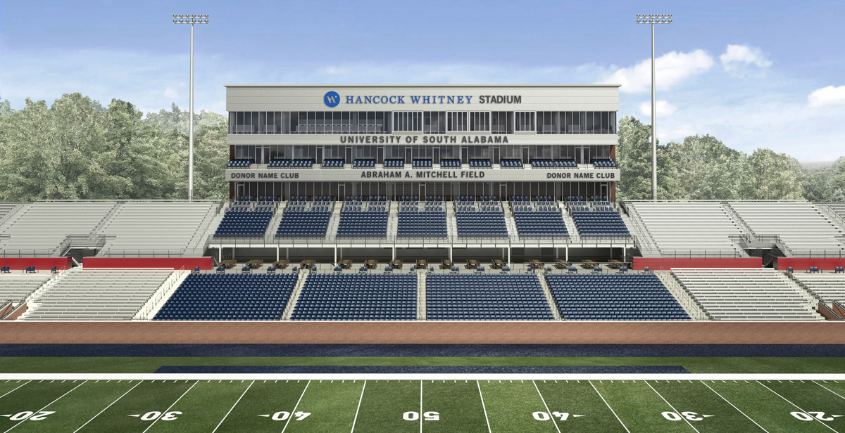 The $5 million naming gift for Abraham A. Mitchell Field is a challenge gift that will facilitate additional donations to Hancock Whitney Stadium. “It is my hope that others will be as inspired as I am about the future of the University of South Alabama,” Mitchell said.