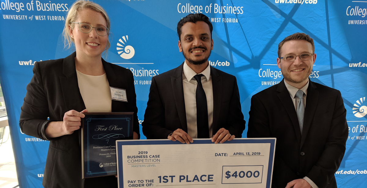 A Mitchell College of Business team of MBA students Rachel Smith, Jaikishan Maru and David Hinson took first place and $4,000 in a recent business case competition at the University of West Florida. 