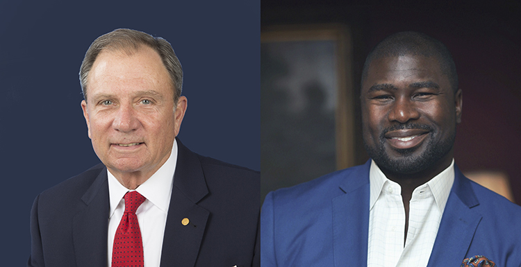 William J. “Happy” Fulford, left, whose USA career spanned nearly 40 years of service in governmental relations, alumni and development, and Ovie Mughelli, a former football star whose post-NFL career has focused on empowering youth and living an ecologically friendly lifestyle, will address USA graduates during Spring Commencement ceremonies. 