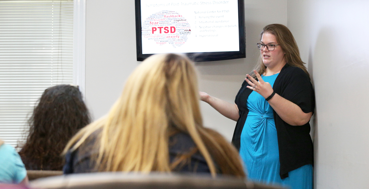 Dr. Sarah Koon-Magnin, associate professor of political science and criminal justice, works with volunteers who act as advocates for sexual assault victims. The work is done through Lifelines Counseling Services of Mobile. data-lightbox='featured'