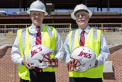 Jeb Shell ’00, Hargrove Engineers + Constructors chief financial officer, left, and Dennis Watson, Hargrove project director, helped announce a $1.5 million gift from Hargrove to Hancock Whitney Stadium.