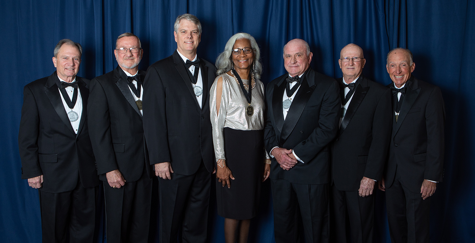 USA National Alumni Association honored alumni and supporters at the 16th annual Distinguished Alumni & Service Awards. Those recognized were, from left, William J. “Happy” Fulford III, Dr. Joseph F. Busta Jr., Brian J. Cuccias, Merceria Ludgood, John T. Crowder Jr., William B. Burnsed Jr. and James J. “Jake” Gosa. 
