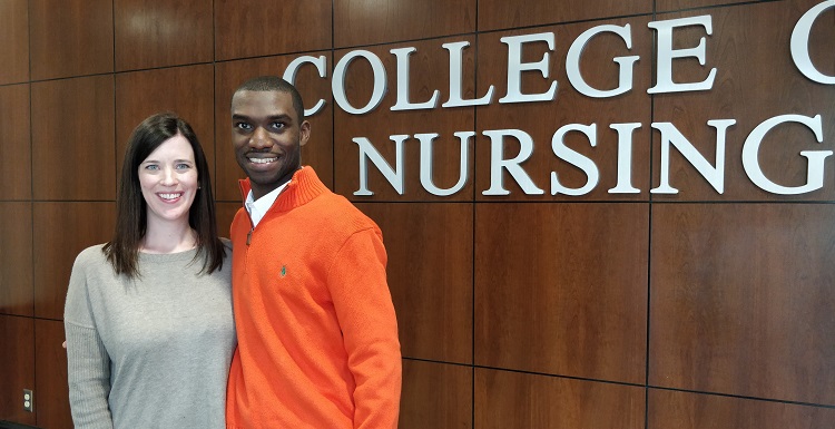 Barry Coleman, who endowed a scholarship in grandmother's name, becoming one the youngest major gift donors to the College of Nursing, earlier this semester met the scholarship's first recipient, Jennifer Dowling.