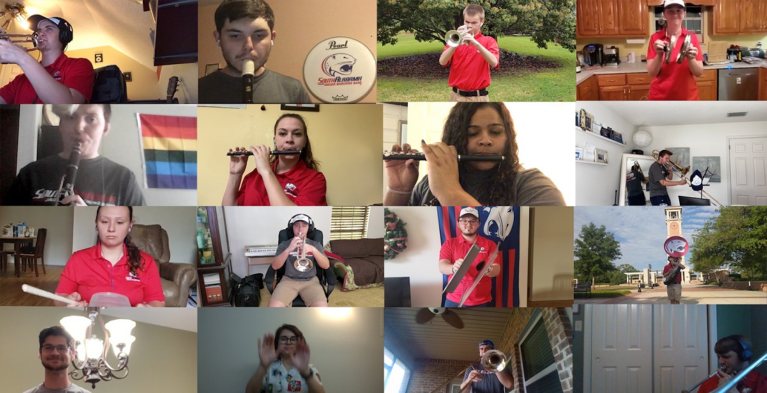 Members of the Jaguar Marching Band record a virtual performance of “South,” the University of South Alabama fight song. data-lightbox='featured'