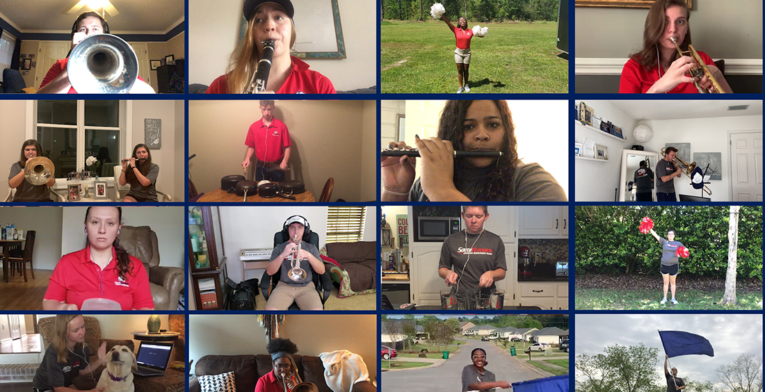 Members of the University of South Alabama Jaguar Marching Band perform the USA fight song together, one-by-one.