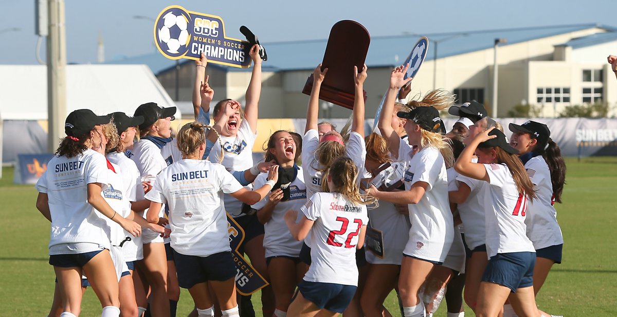 Morgan Cross scored two goals in the final 5:39 to lead the Jaguar women's soccer team to its second straight Sun Belt Conference championship and its seventh in the last eight years.